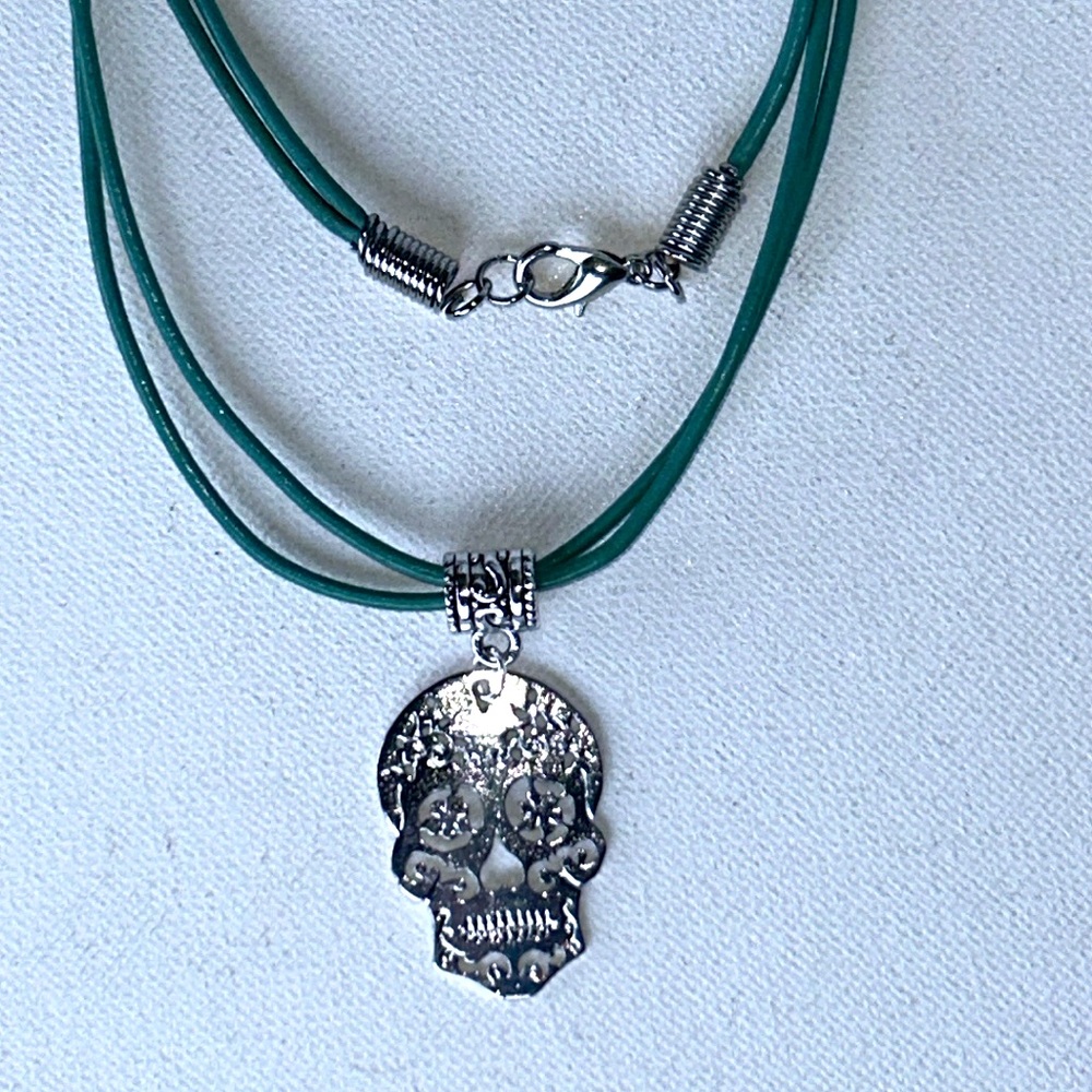 Stainless Sugar Skull on Turquoise Leather Necklace Punk Goth Day of the Dead